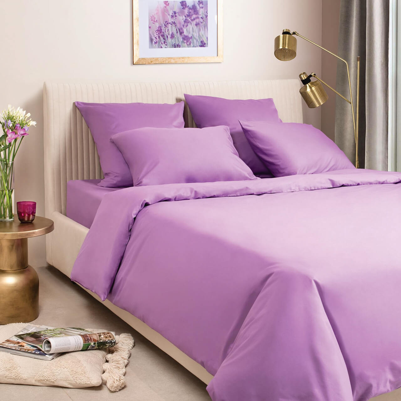Фиолетовый постельное бельё из сатина Моноспейс Ecotex 2 спальное с европростыней