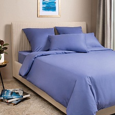 Синий постельное бельё из сатина Моноспейс Ecotex 2 спальное с европростыней